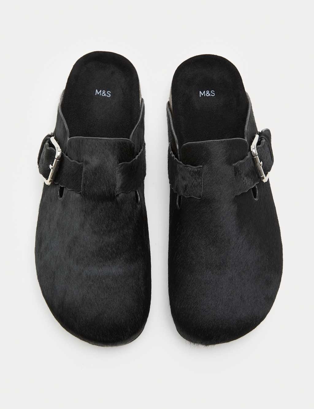 Marks & Spencer M&S Leather Hair On Scallop Edge Strap Clogs Black - 1