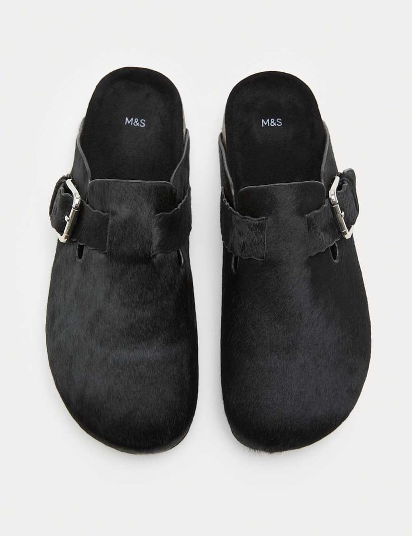 Marks & Spencer M&S Leather Hair On Scallop Edge Strap Clogs Black - 1