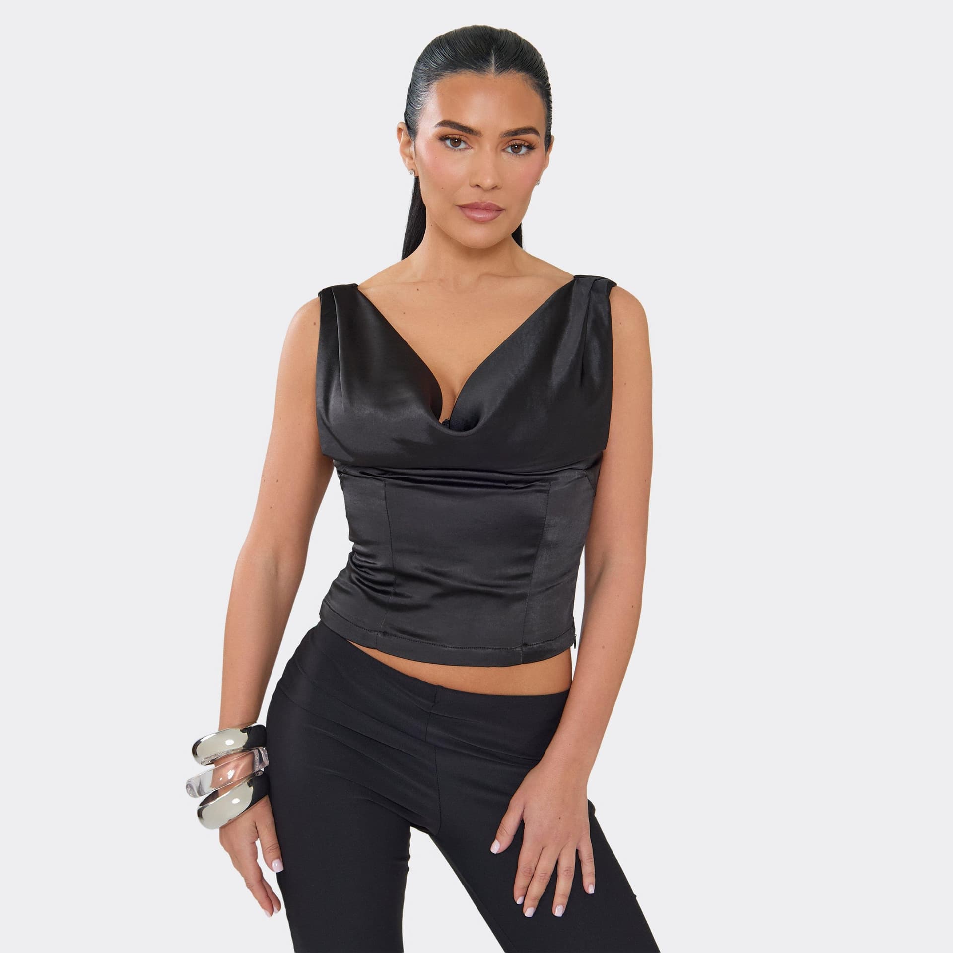 EGO EGO Black Satin Cowl Neck Top