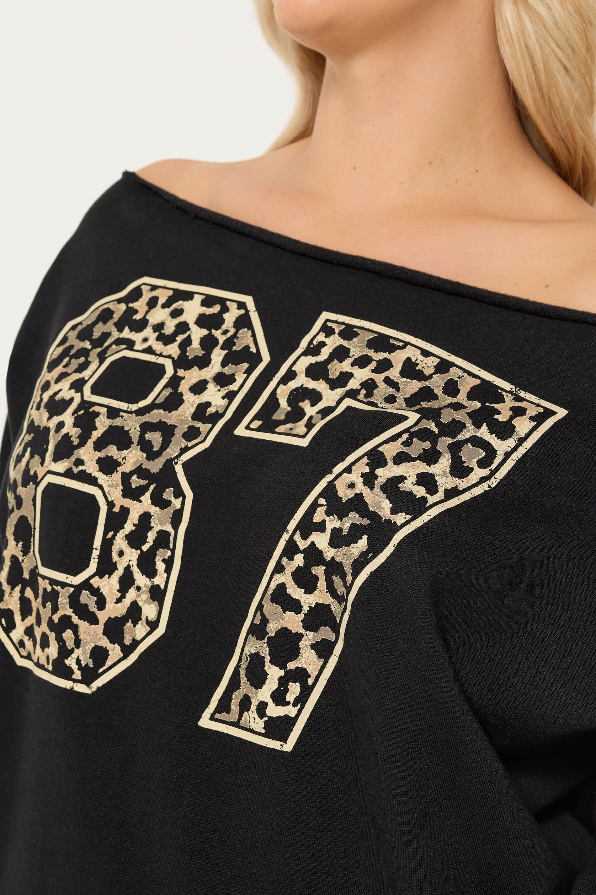 Yours Plus Size Black '87' Leopard Off Shoulder Sweatshirt