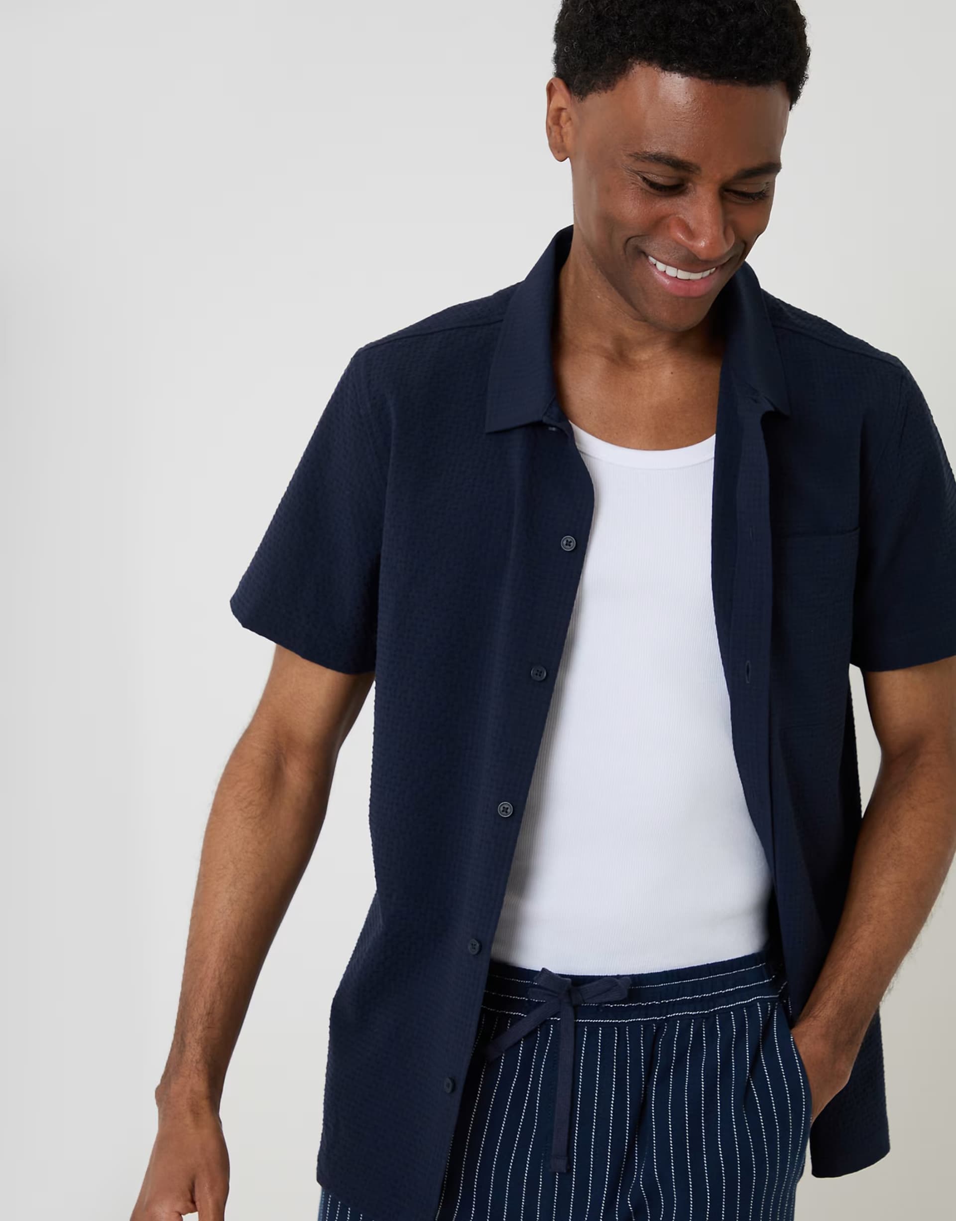 ASOS Threadbare Boxy fit textured short sleeve shirt in navy
