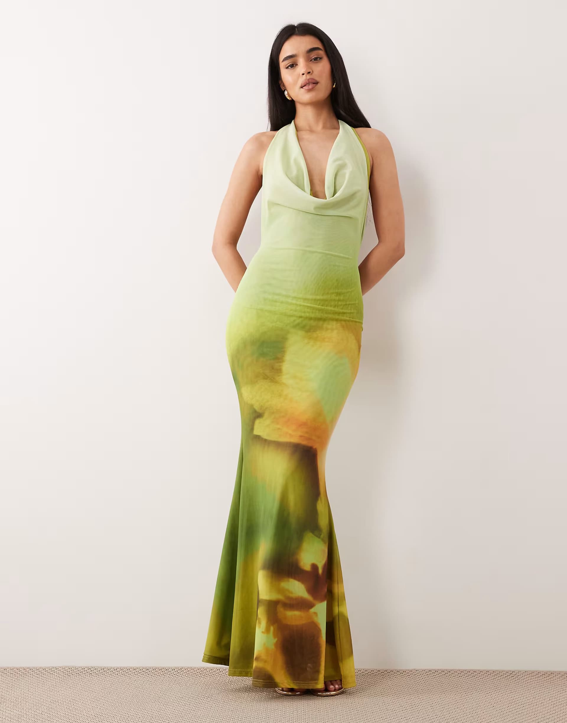 ASOS Murci mesh cowl halterneck low back fishtail maxi dress in green and yellow flower print