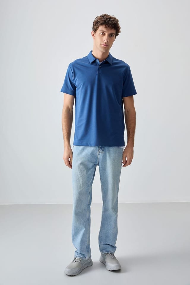 Tommy Life Tommy Life Men's Oversized Polo Collar T-Shirt in Mid Blue - 3