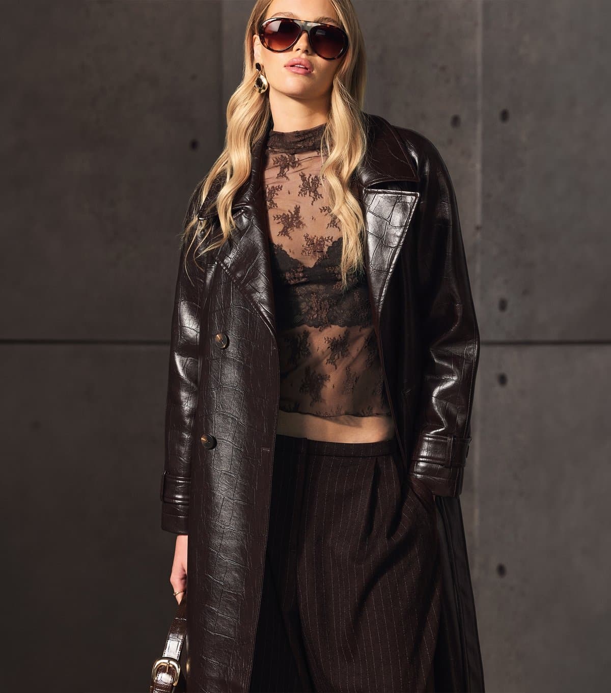 New Look Women's Dark Burgundy Faux Leather Crocodile Texture Longline Trench Coat New Look