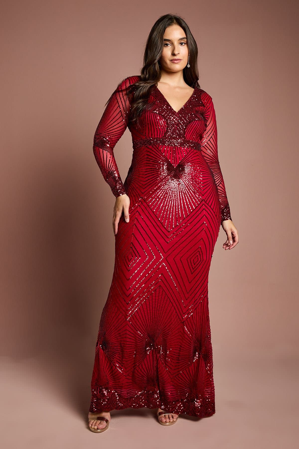 Coast Coast Women's Plus Size Long Sleeve Embellished Maxi Dress in Red