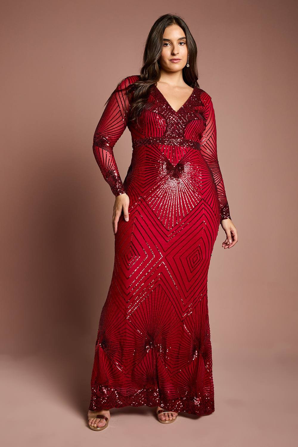 Coast Coast Women's Plus Size Long Sleeve Embellished Maxi Dress in Red - 2
