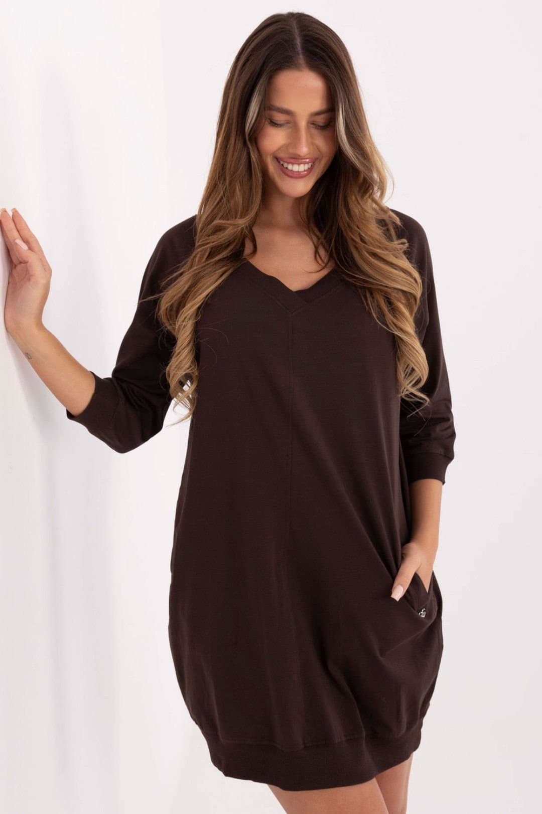 Love Lace Love Lace Women's Cotton Elastane Sweatshirt Dress With Pockets Style 223223 in Brown