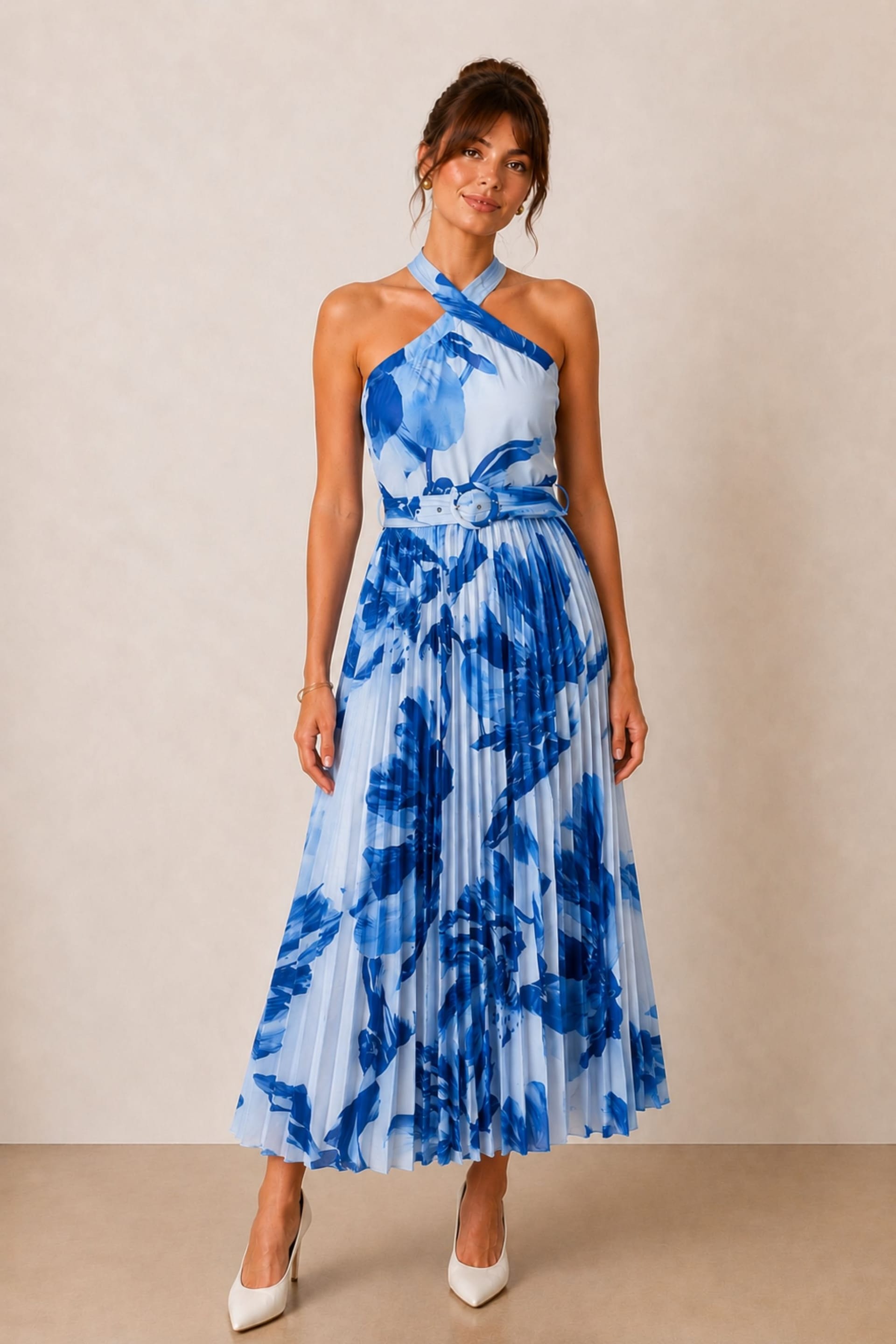Style Cheat Blue Floral Halter Pleated Belted Midi Dress