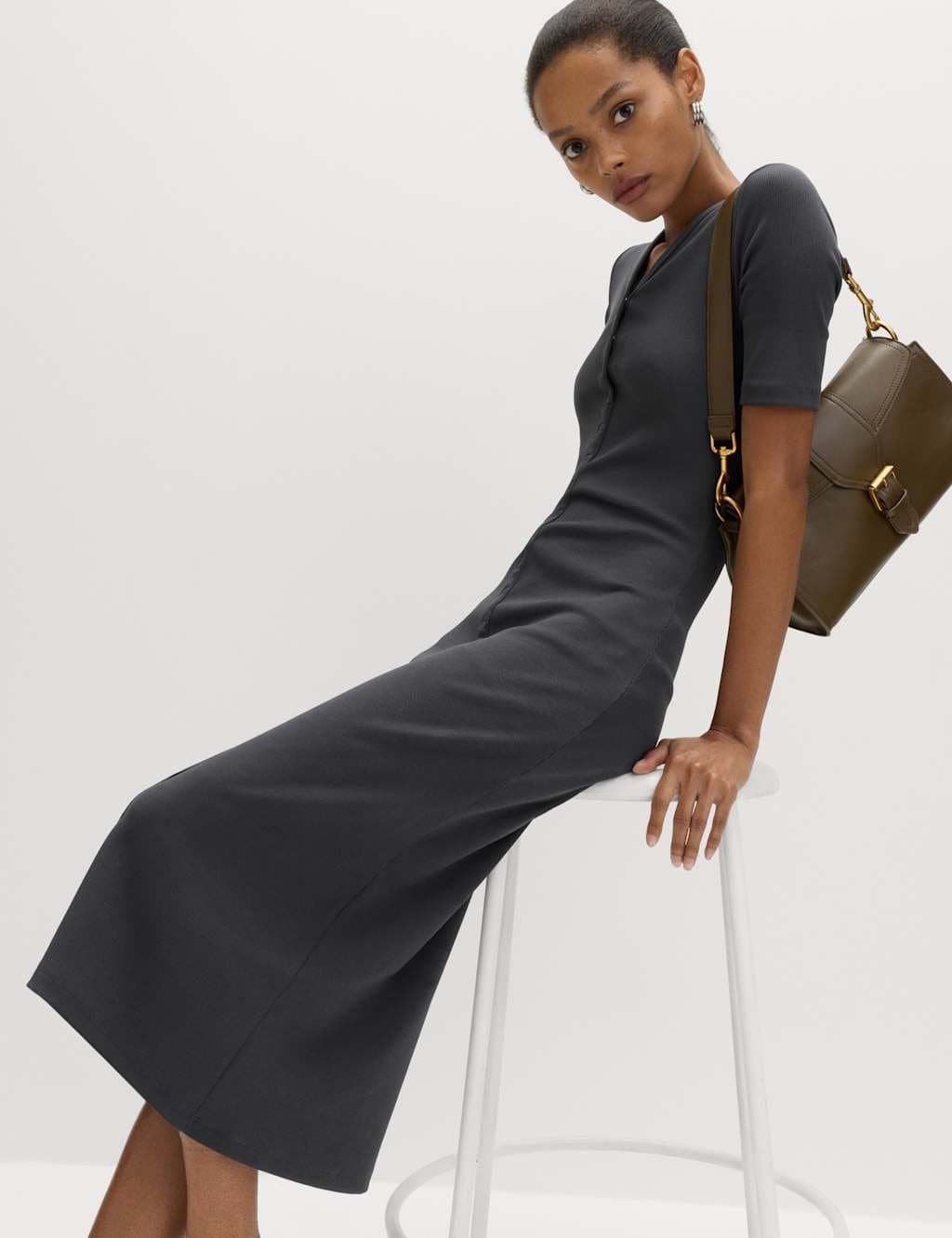 Marks & Spencer M&S Cotton Rich Ribbed V-Neck Midi Column Dress Charcoal