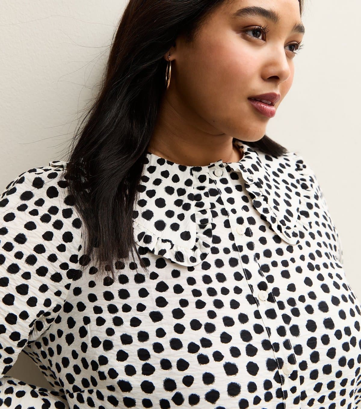 New Look Women's Plus Size White Spotty Frill Collar Shirt Curves New Look