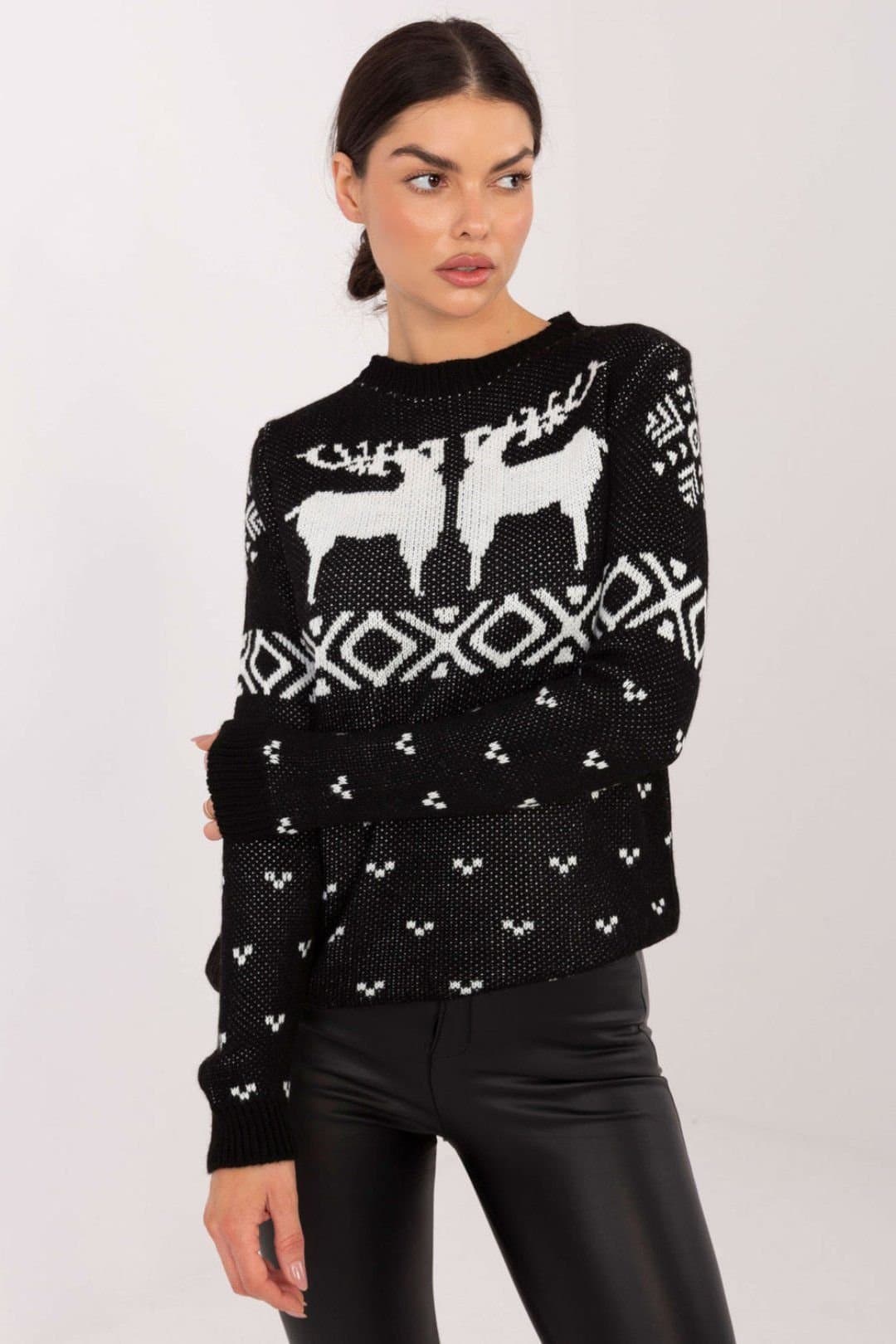 Love Lace Love Lace Women's Acrylic Casual Sweater with Heart Reindeer Print in Black