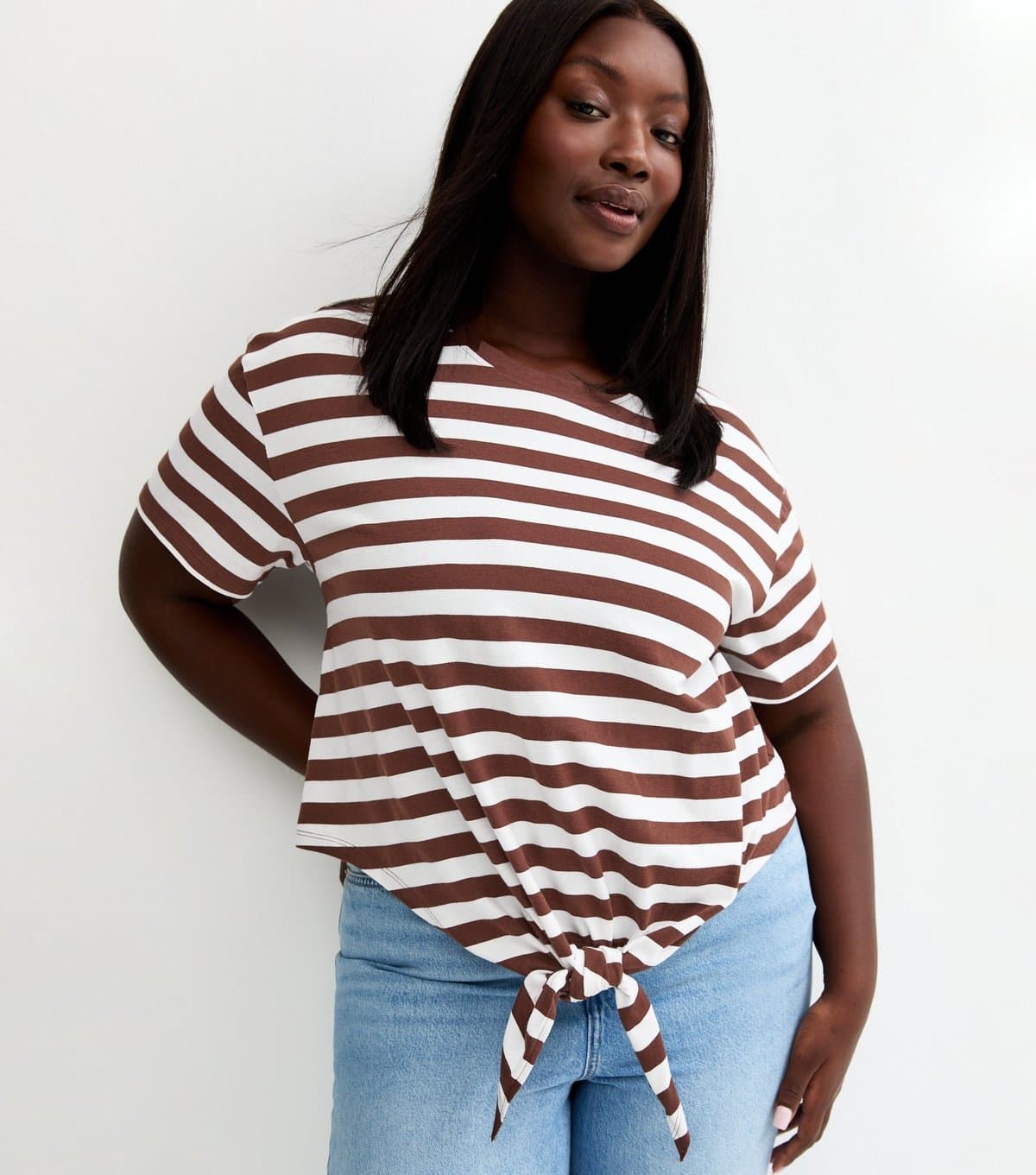 New Look Women's Plus Size Brown Striped Tie Front T-Shirt Curves New Look