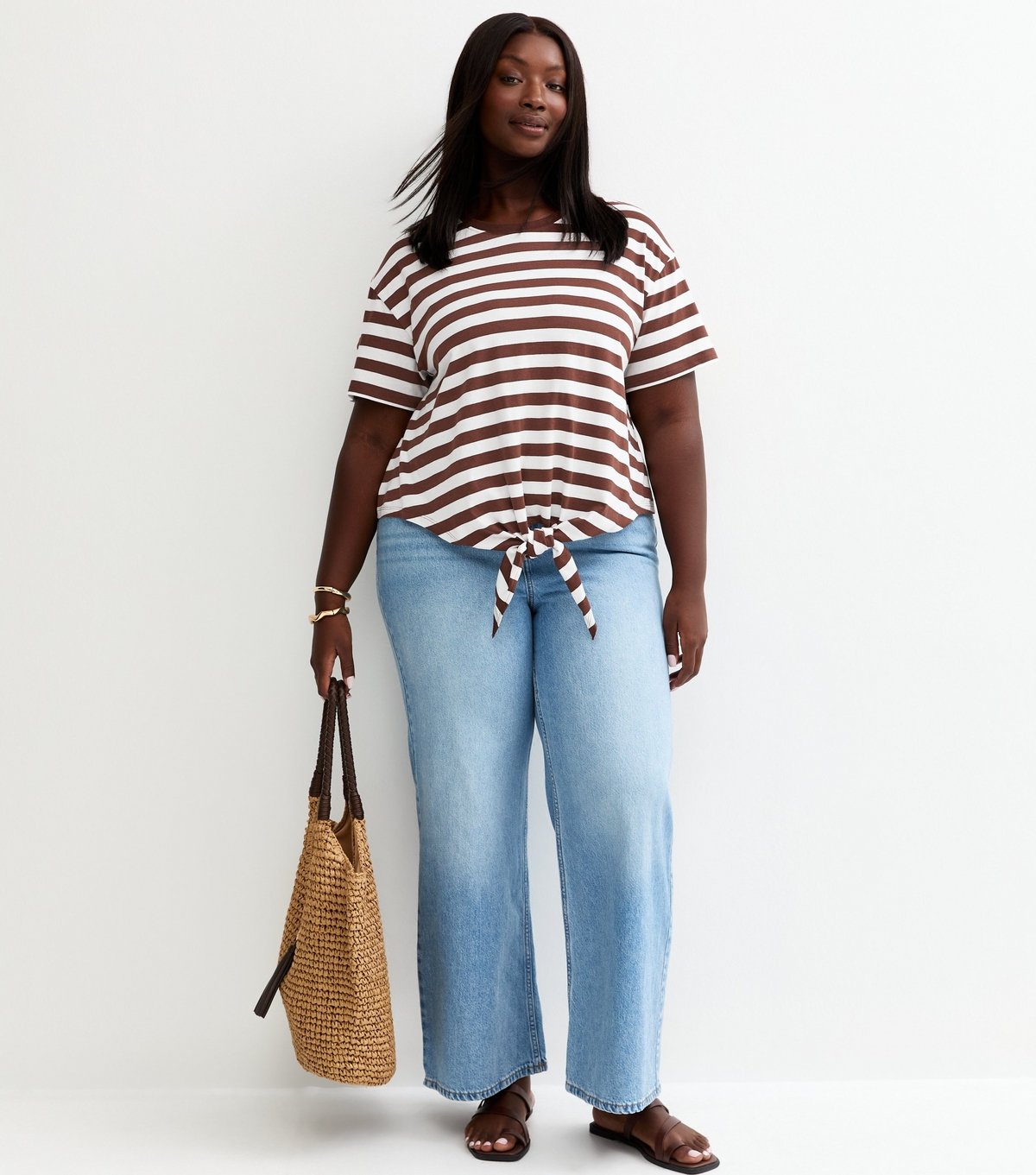 New Look Women's Plus Size Brown Striped Tie Front T-Shirt Curves New Look - 3