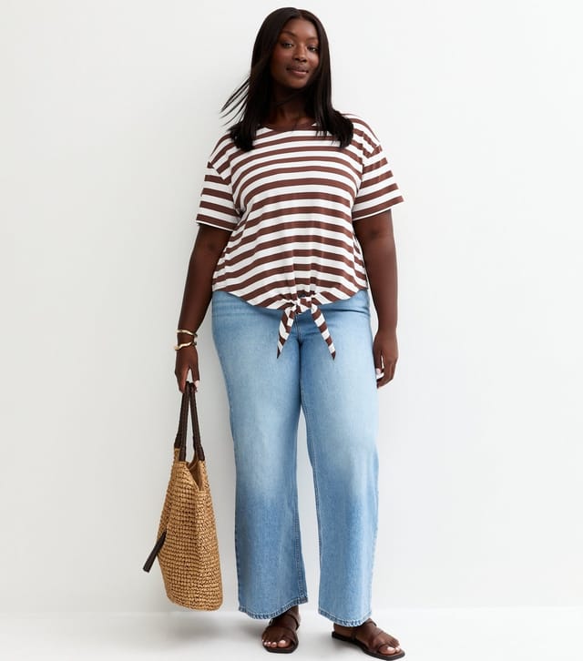 New Look Women's Plus Size Brown Striped Tie Front T-Shirt Curves New Look - 3