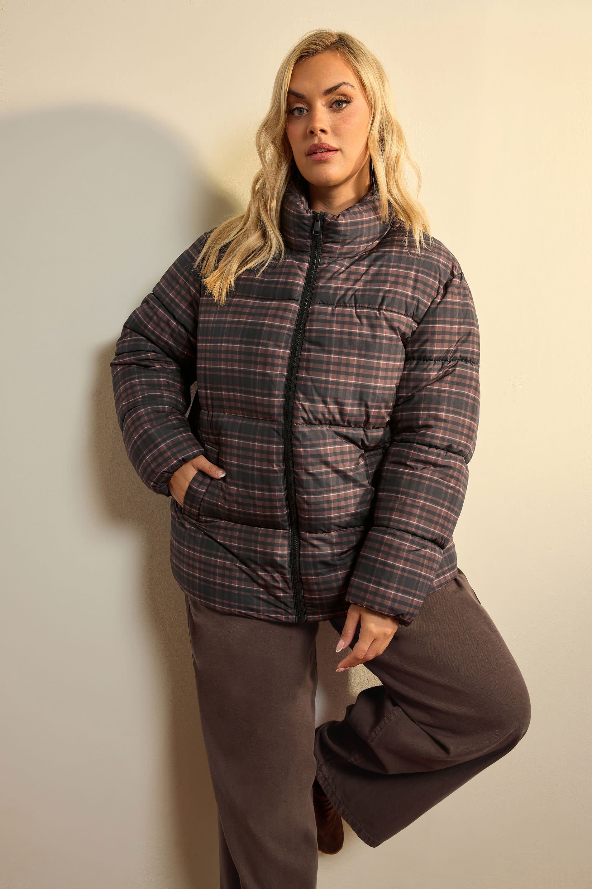 Yours Plus Size Brown Check Padded Coat