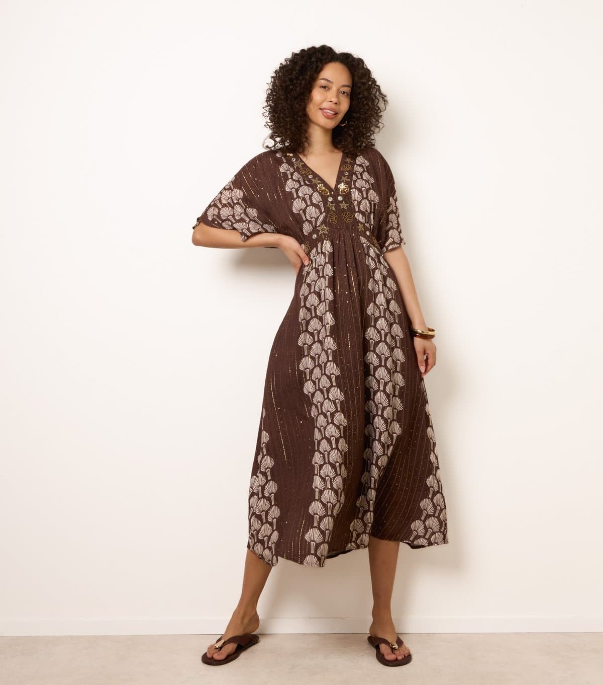 Blue Vanilla Women's Dark Brown Shell Print Embroidered Midi Dress Blue Vanilla New Look