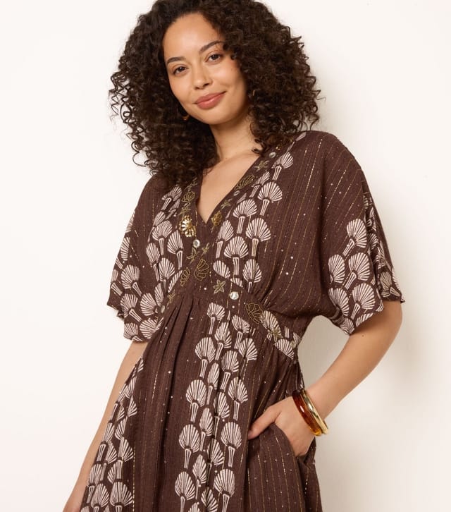 Blue Vanilla Women's Dark Brown Shell Print Embroidered Midi Dress Blue Vanilla New Look - 2