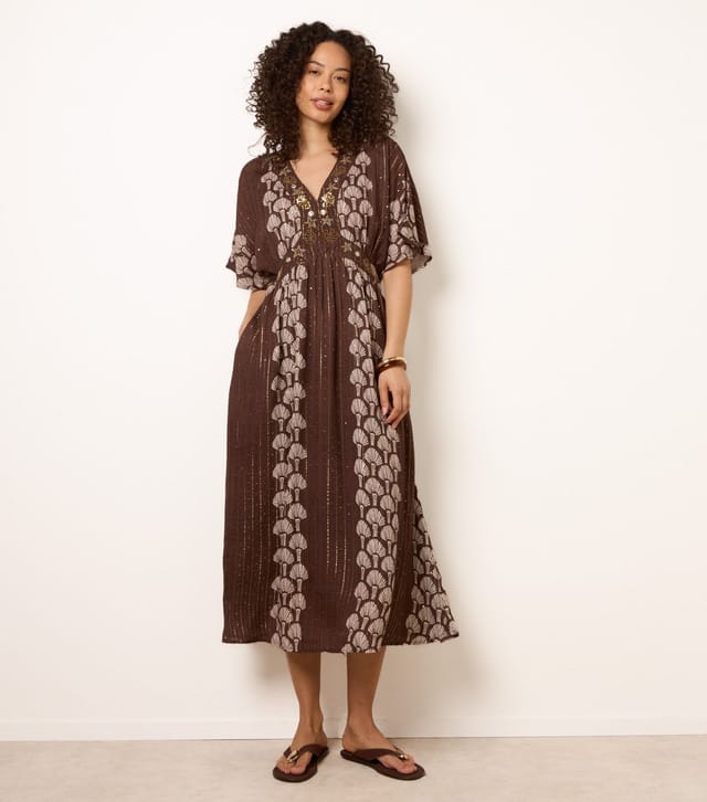 Blue Vanilla Women's Dark Brown Shell Print Embroidered Midi Dress Blue Vanilla New Look - 3