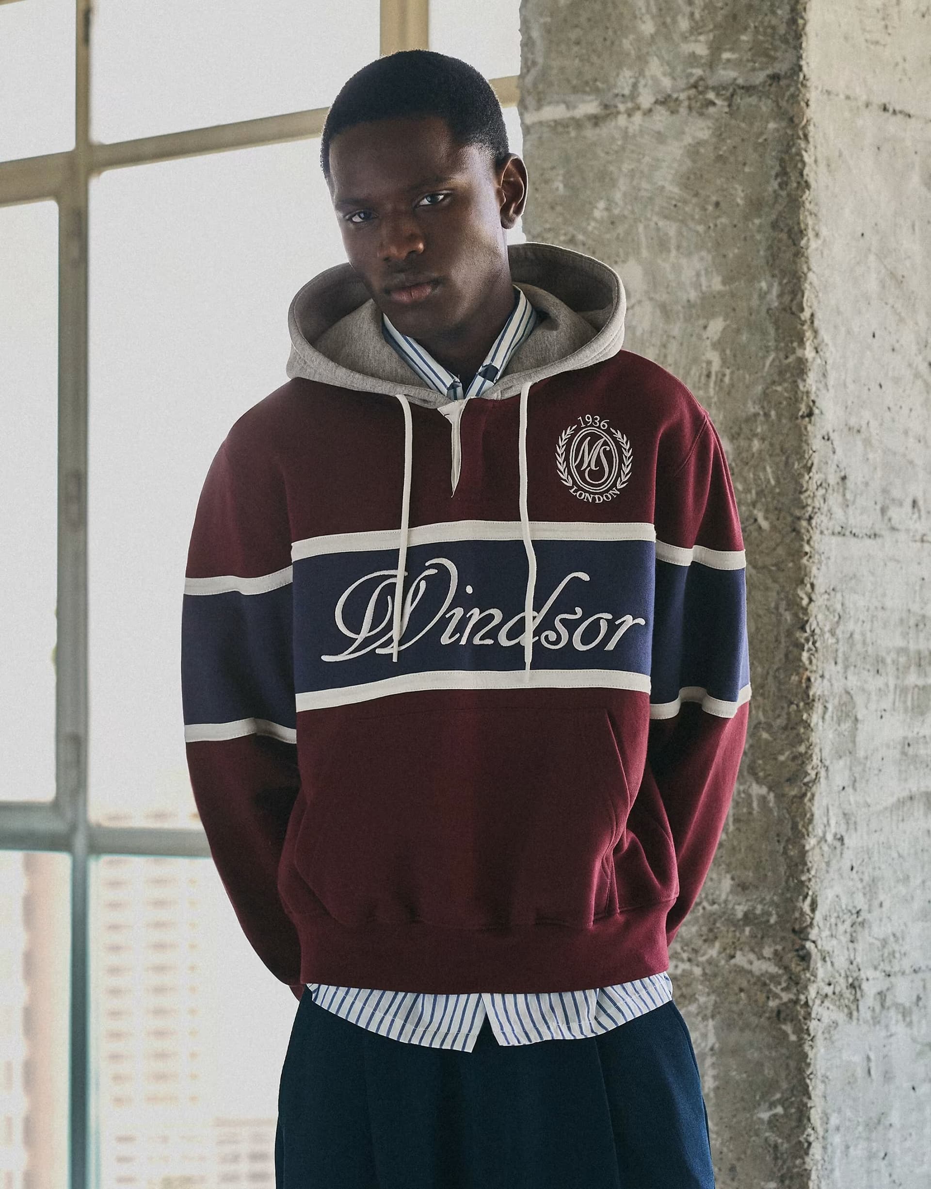 ASOS Bershka Contrast print hoodie in burgundy