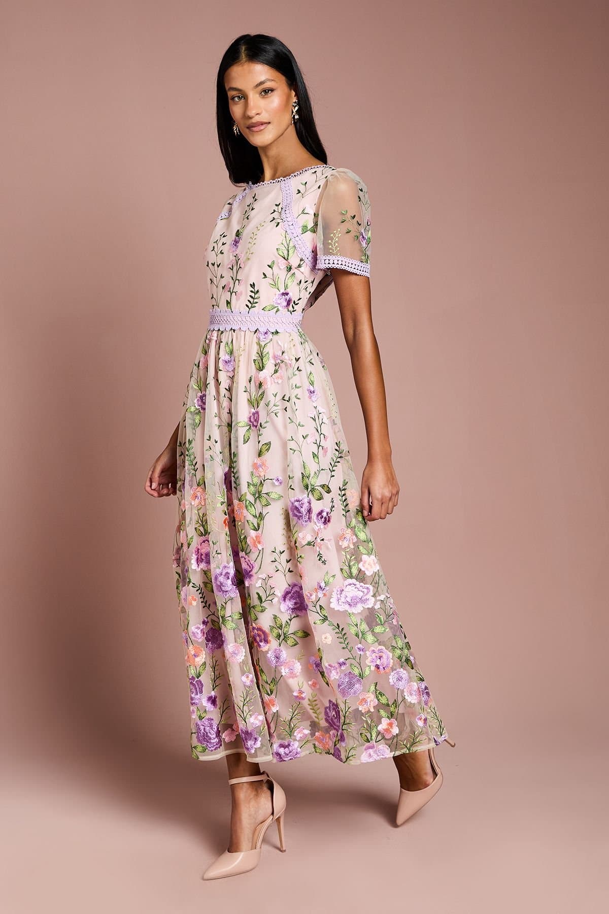Coast Coast Women's Petite Lace Trim Detail Embroidered Mesh Midi Dress in Blush