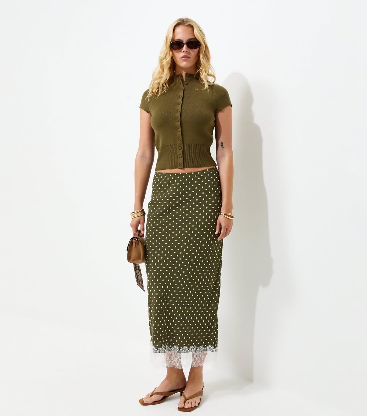 New Look Women's Tall Green Polka Dot Lace Hem Midi Skirt New Look