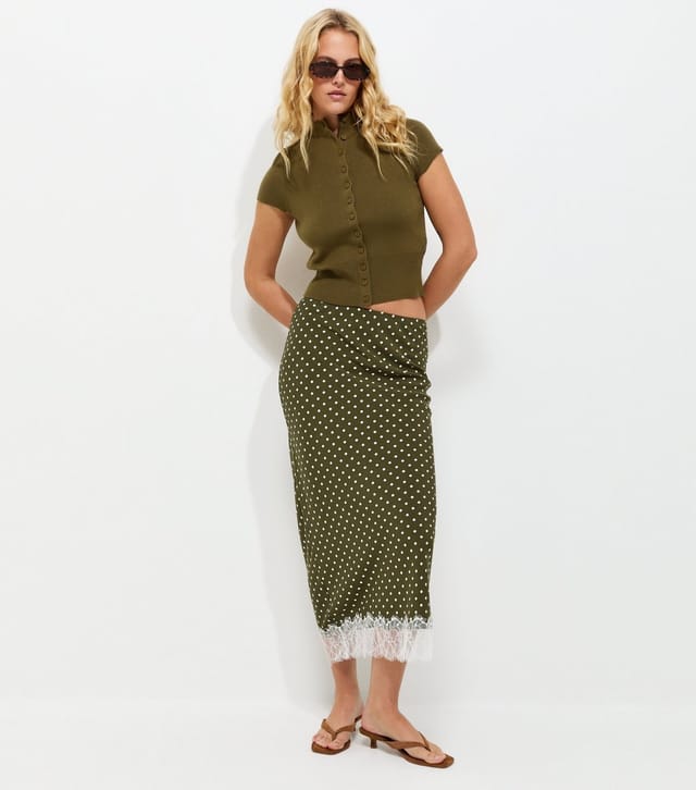 New Look Women's Tall Green Polka Dot Lace Hem Midi Skirt New Look - 3