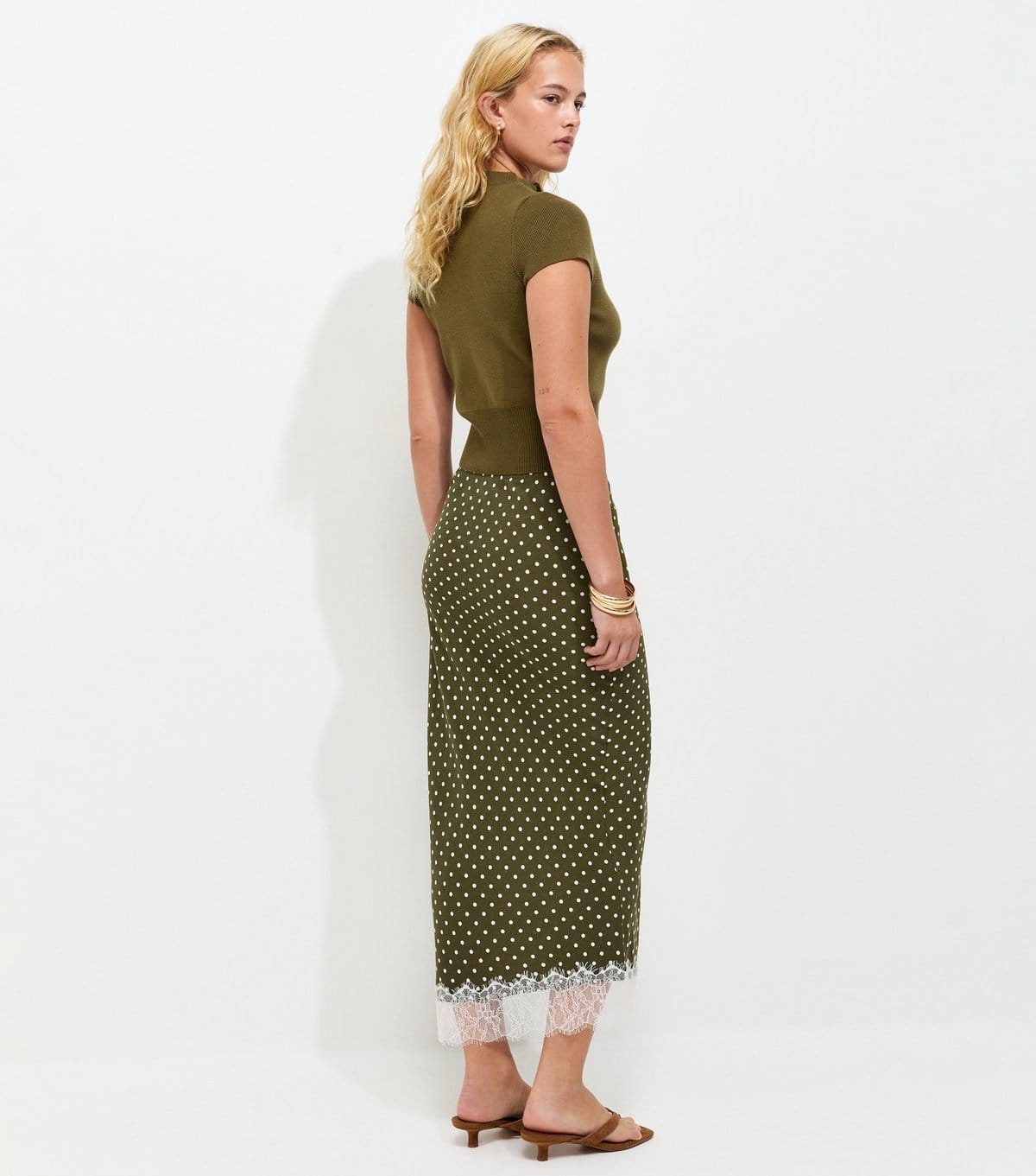 New Look Women's Tall Green Polka Dot Lace Hem Midi Skirt New Look - 4