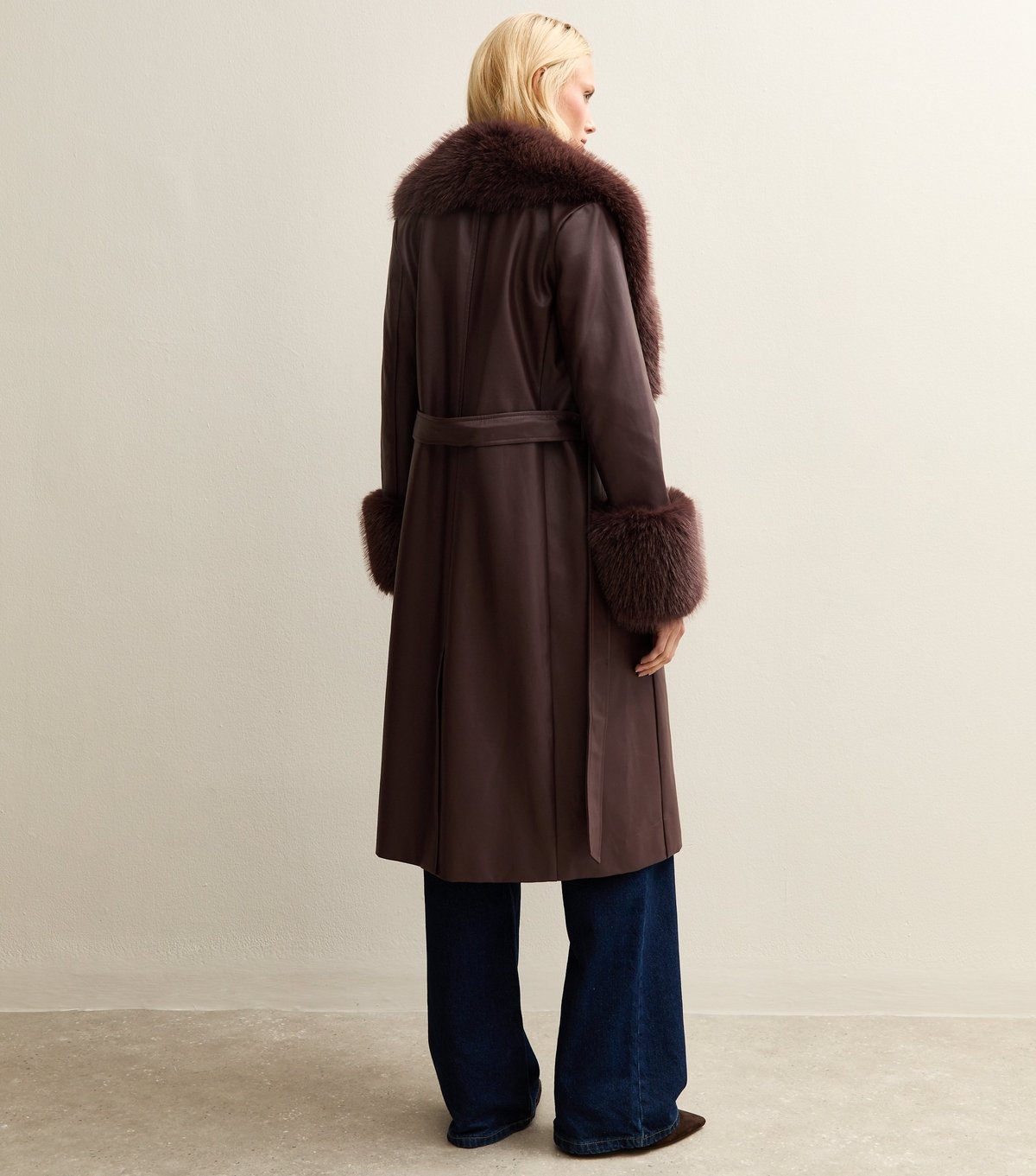 New Look Women's Dark Burgundy Faux Leather Faux Fur Trim Longline Jacket New Look - 4