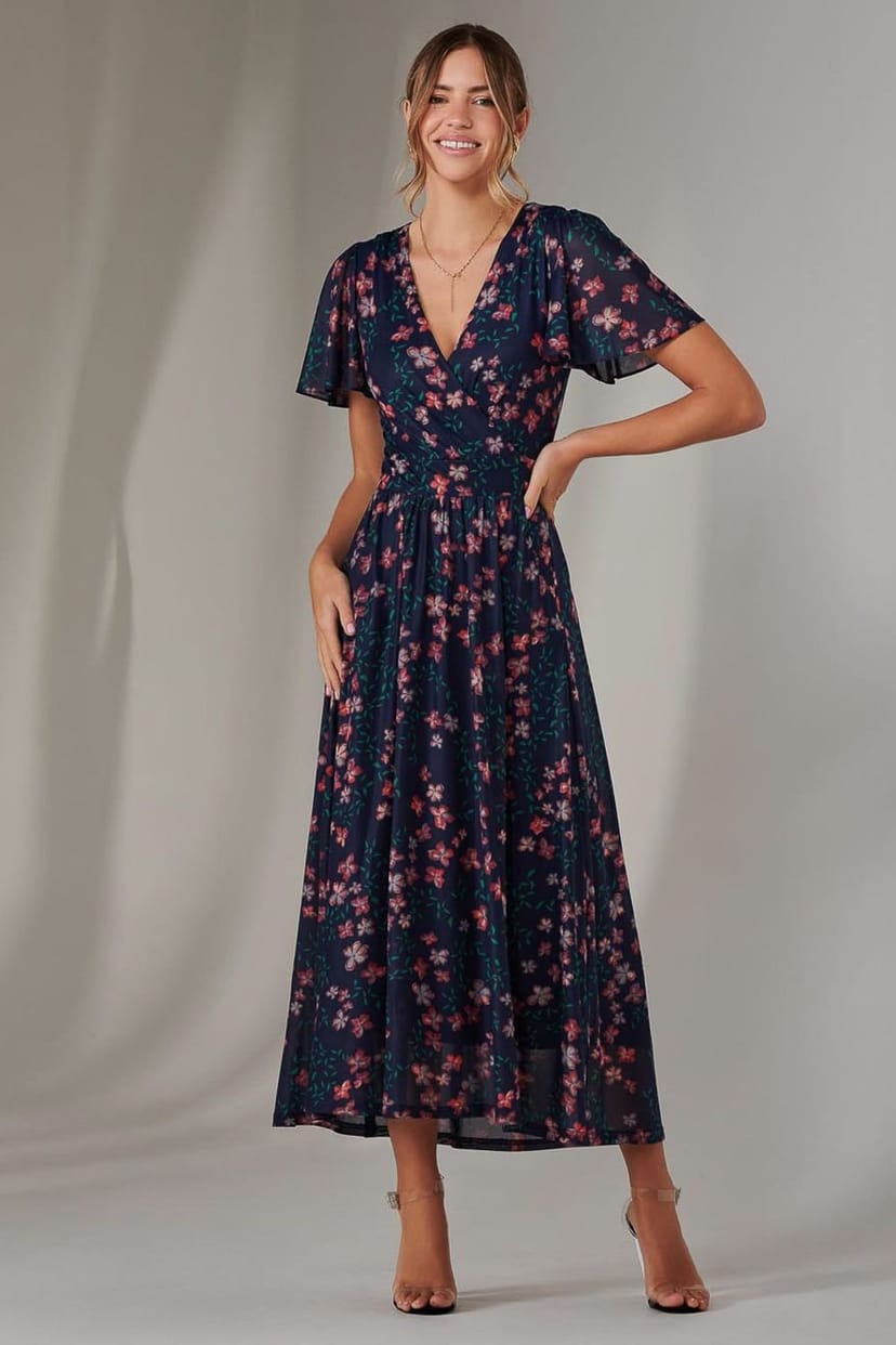 Jolie Moi Jolie Moi Women's Mesh Short Sleeve Midaxi Dress in Navy - 1