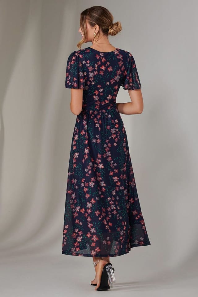 Jolie Moi Jolie Moi Women's Mesh Short Sleeve Midaxi Dress in Navy - 2