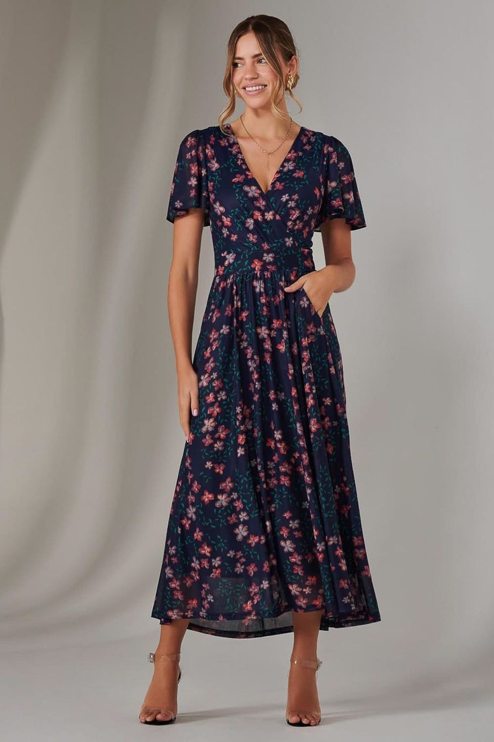 Jolie Moi Jolie Moi Women's Mesh Short Sleeve Midaxi Dress in Navy - 4