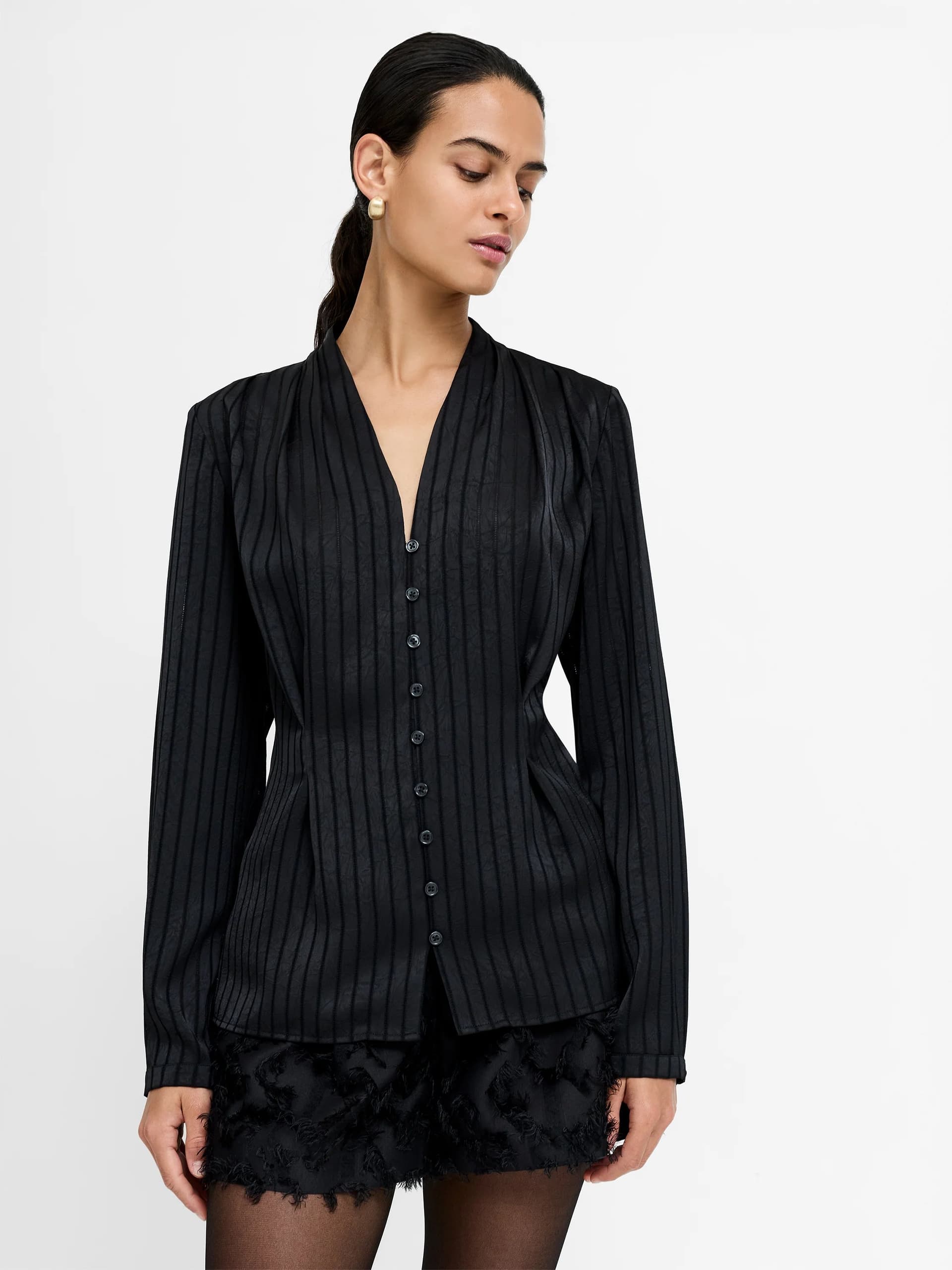 French Connection Maggie Black Satin Stripe V-Neck Blouse Black
