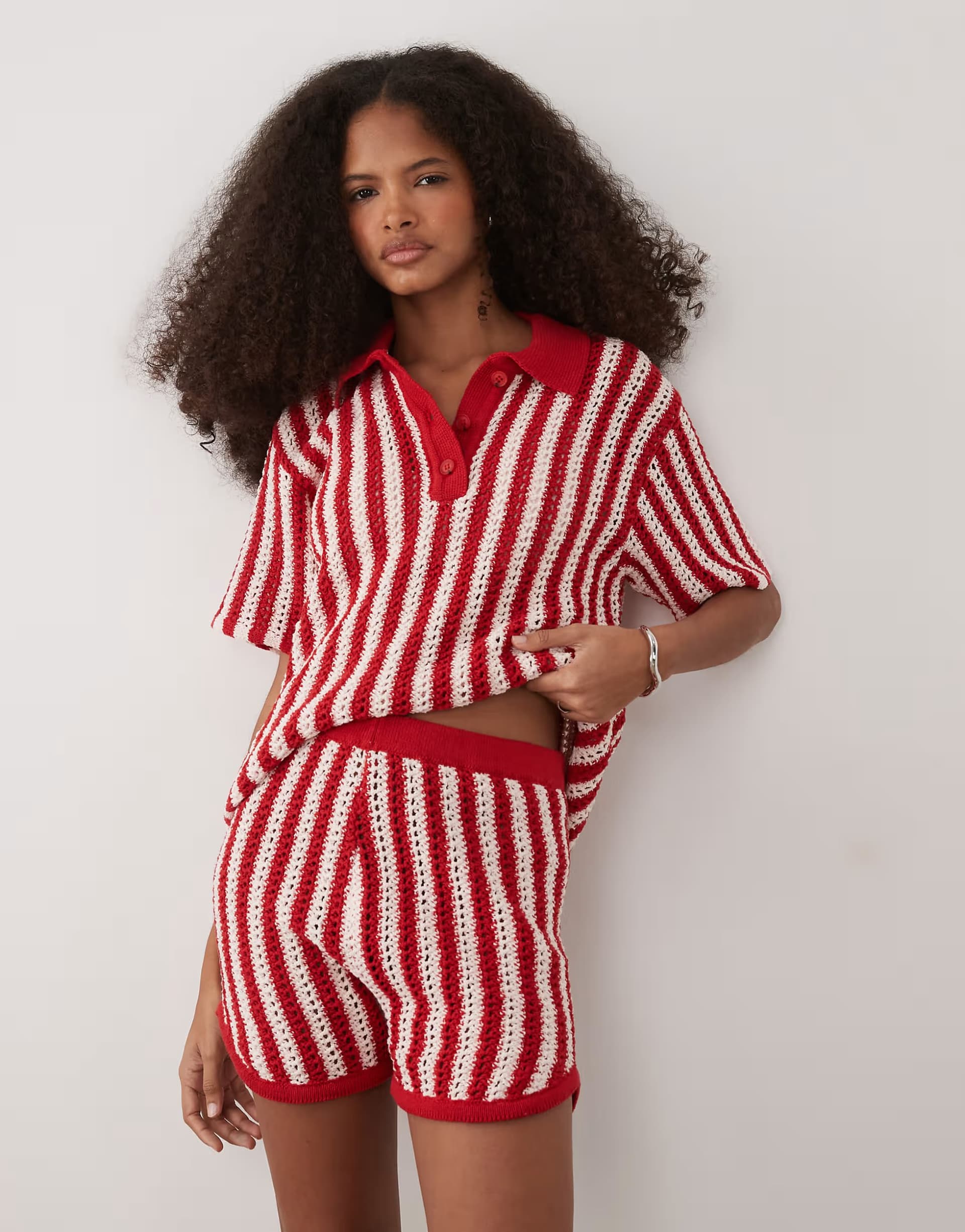 ASOS ASOS DESIGN knitted crochet polo top co-ord in red stripe