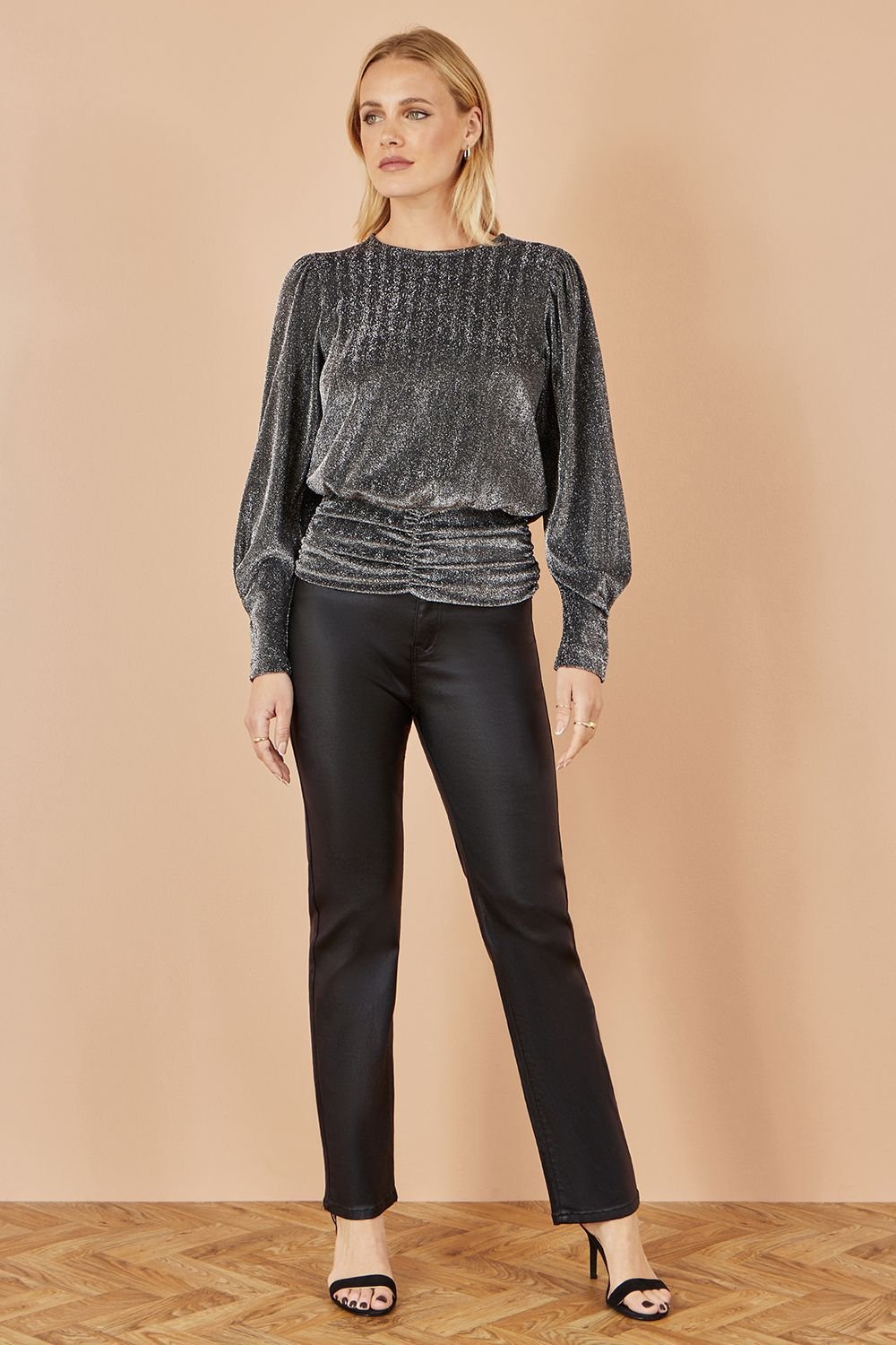 Yumi Yumi Women's Black Metallic Stretch Ruched Hem Top - 4