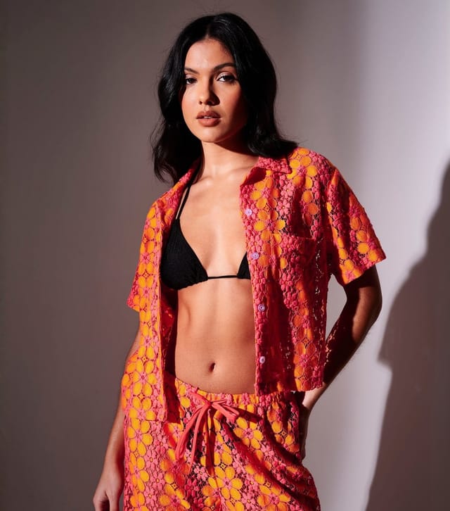 South Beach Women's Orange Floral Crochet Short Sleeve Shirt South Beach New Look - 3