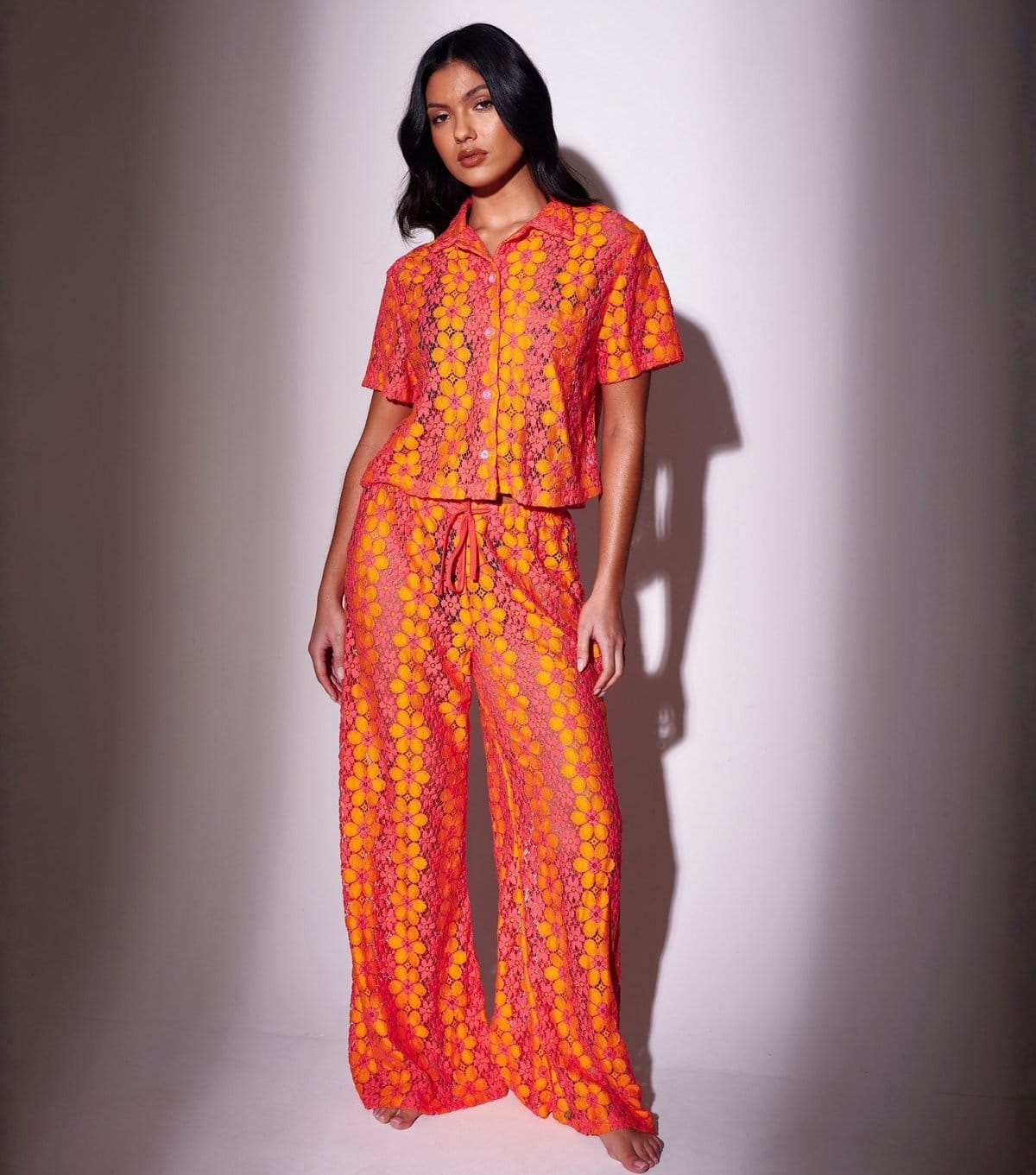 South Beach Women's Orange Floral Crochet Short Sleeve Shirt South Beach New Look - 4
