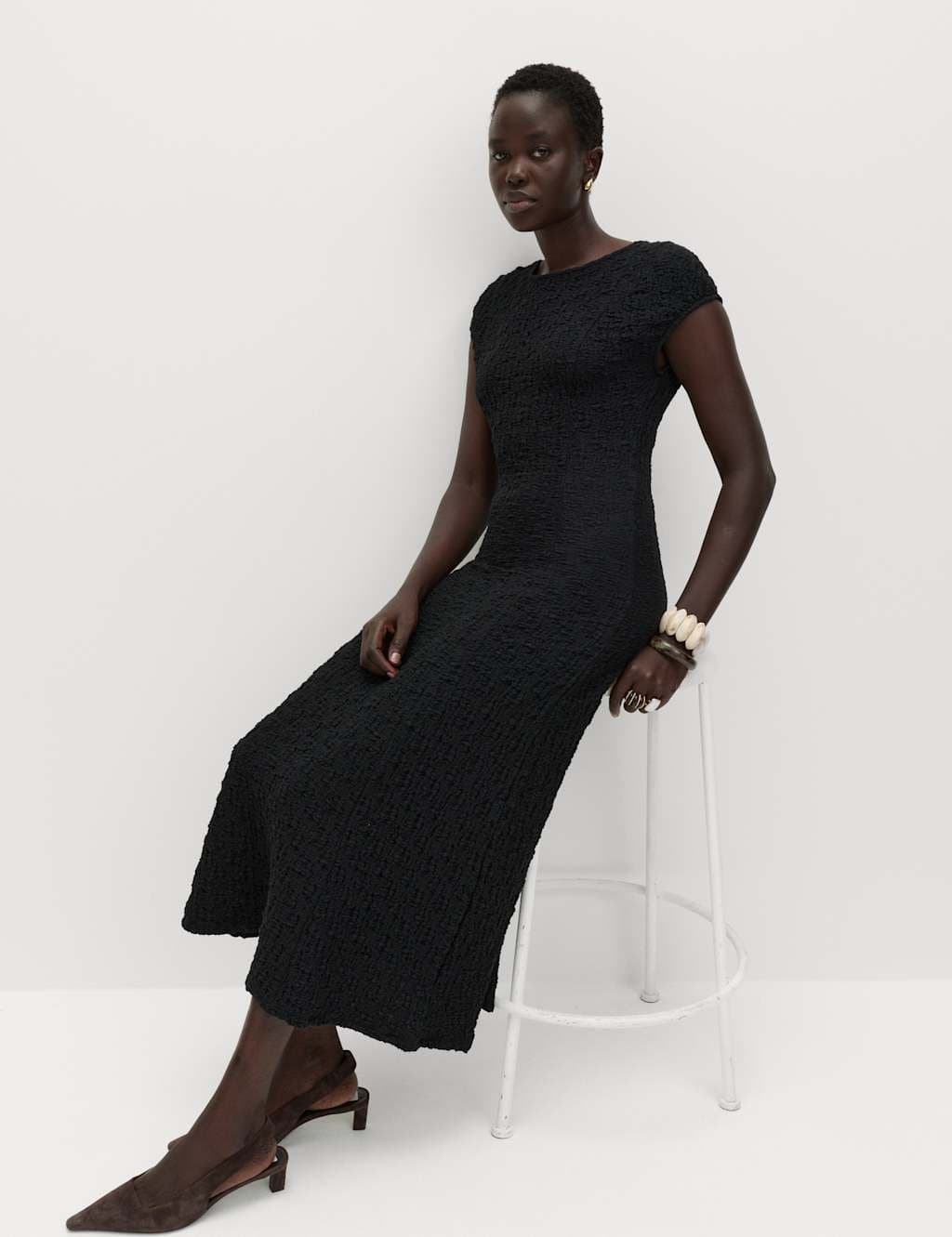 Marks & Spencer M&S Cotton Rich Textured Midi Skater Dress Black