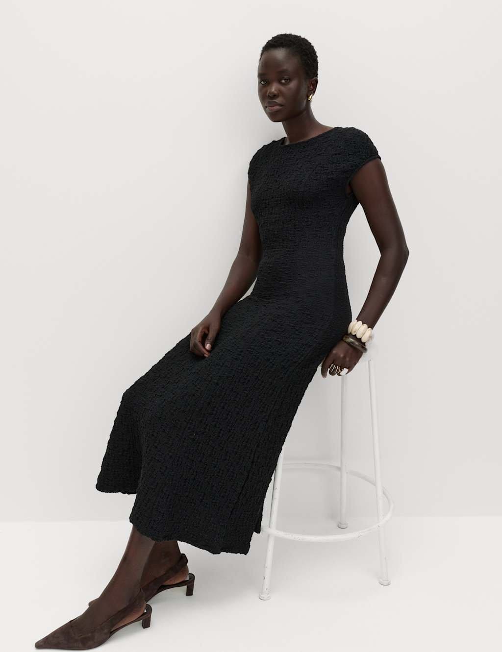 M&S Black Cotton Rich Textured Midi Skater Dress