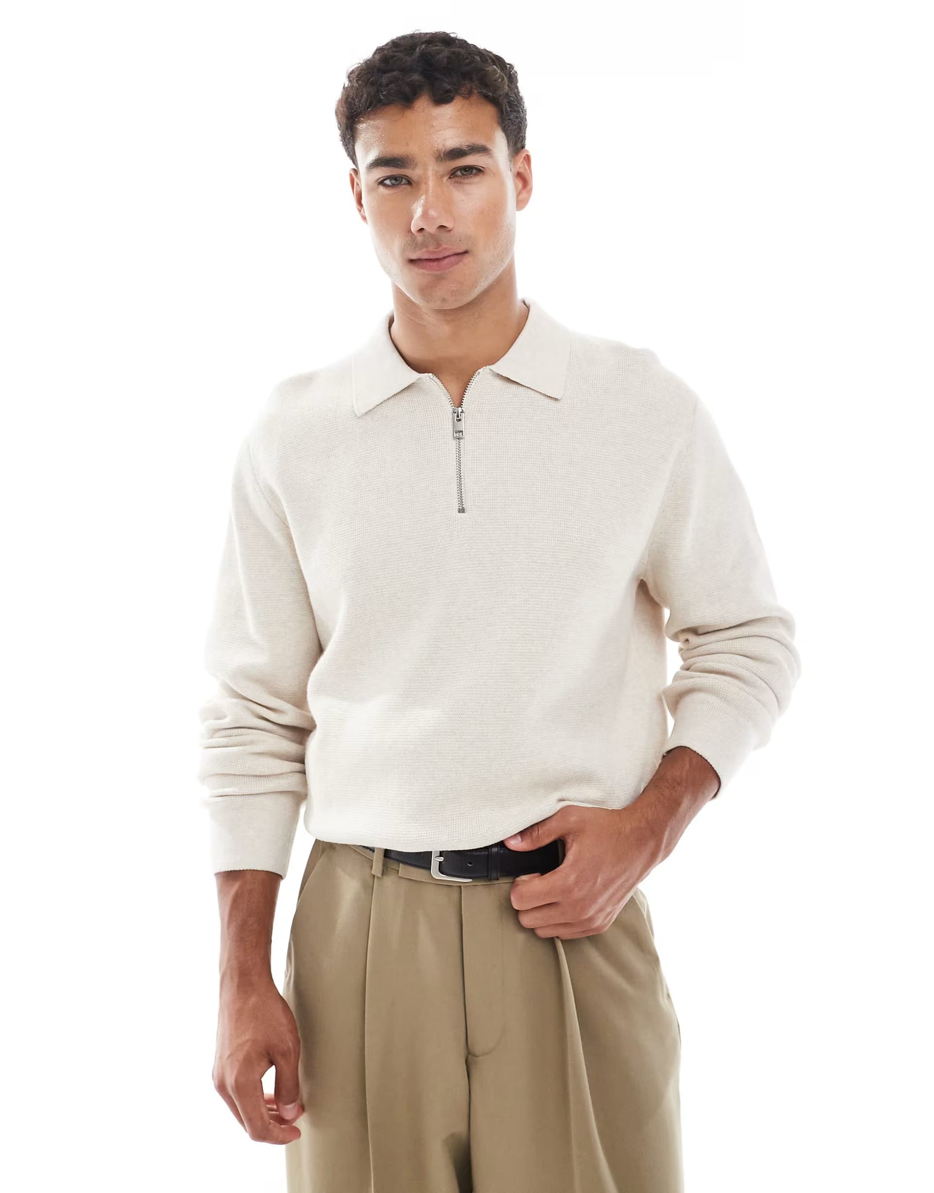 ASOS Jack & Jones premium long sleeve knitted polo with quarter zip in cream