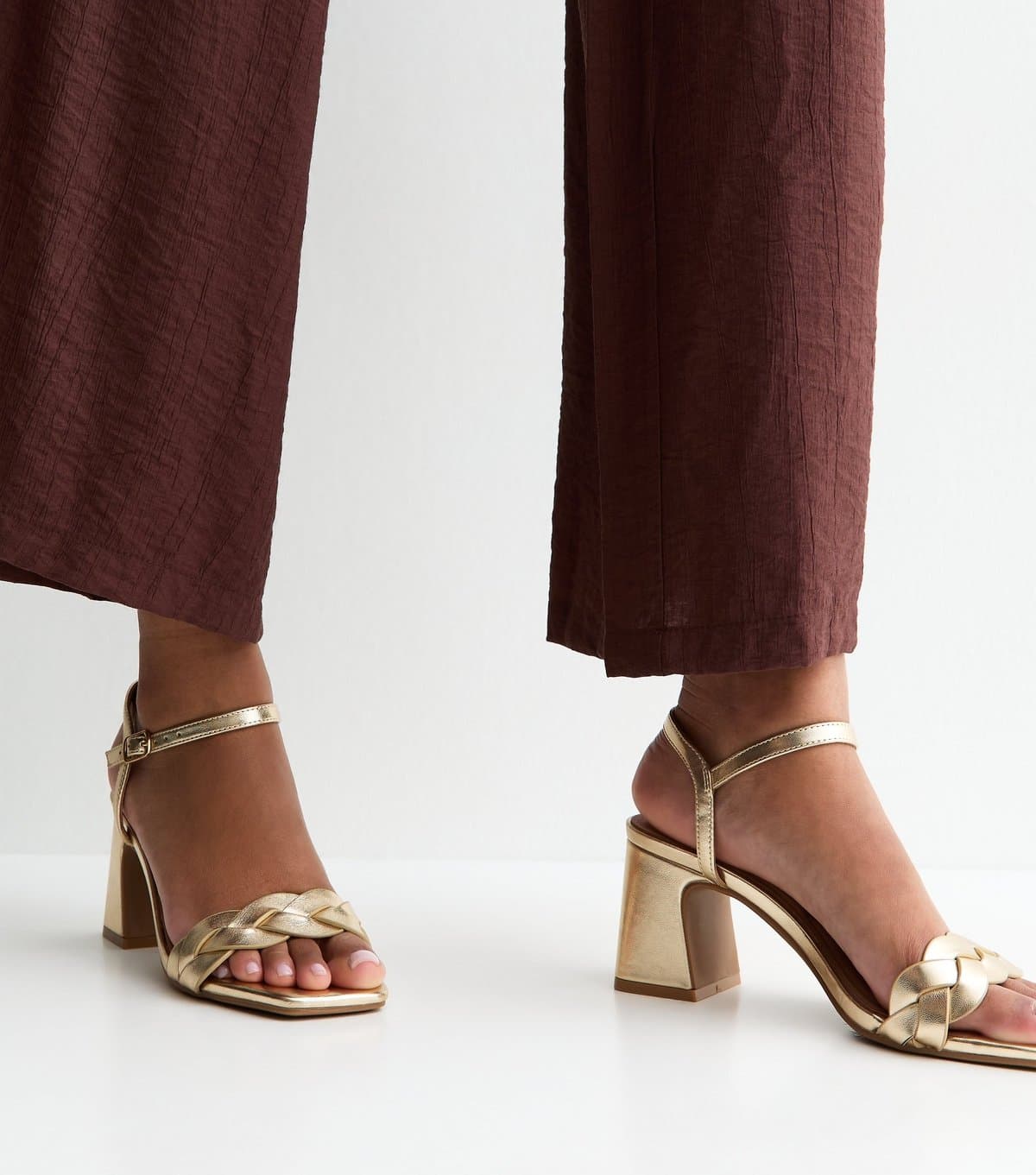 New Look Women's Gold Faux Leather Braided Block Heel Sandals Vegan New Look