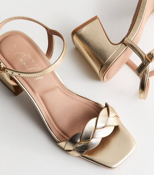 New Look Women's Gold Faux Leather Braided Block Heel Sandals Vegan New Look - 3