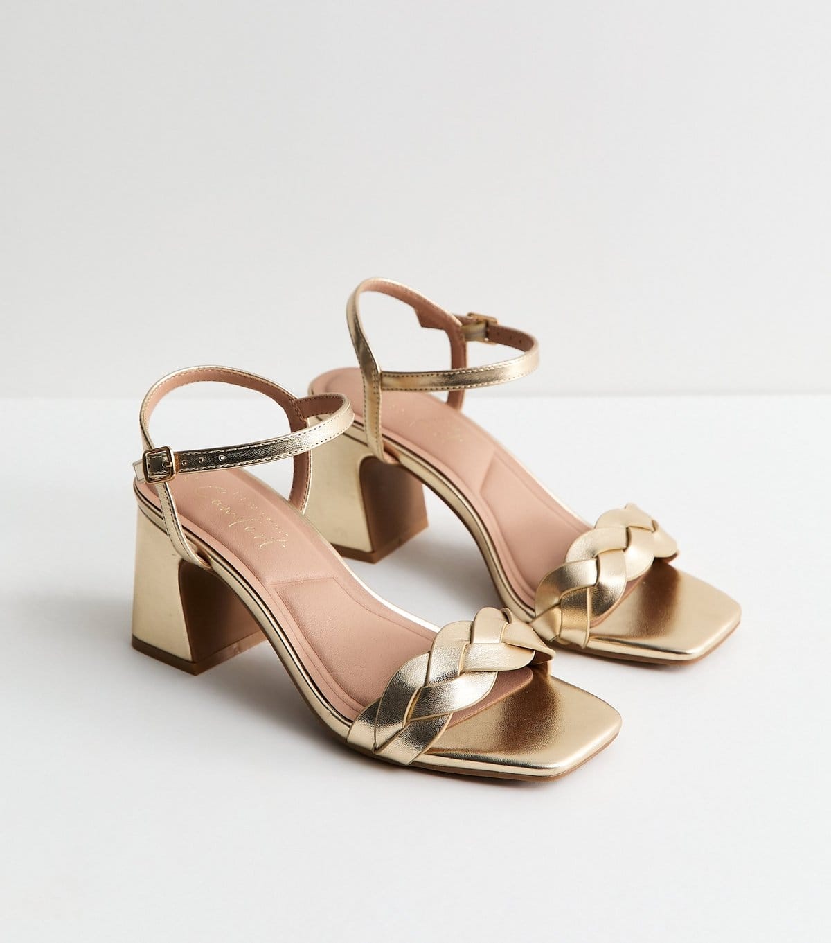 New Look Women's Gold Faux Leather Braided Block Heel Sandals Vegan New Look - 4