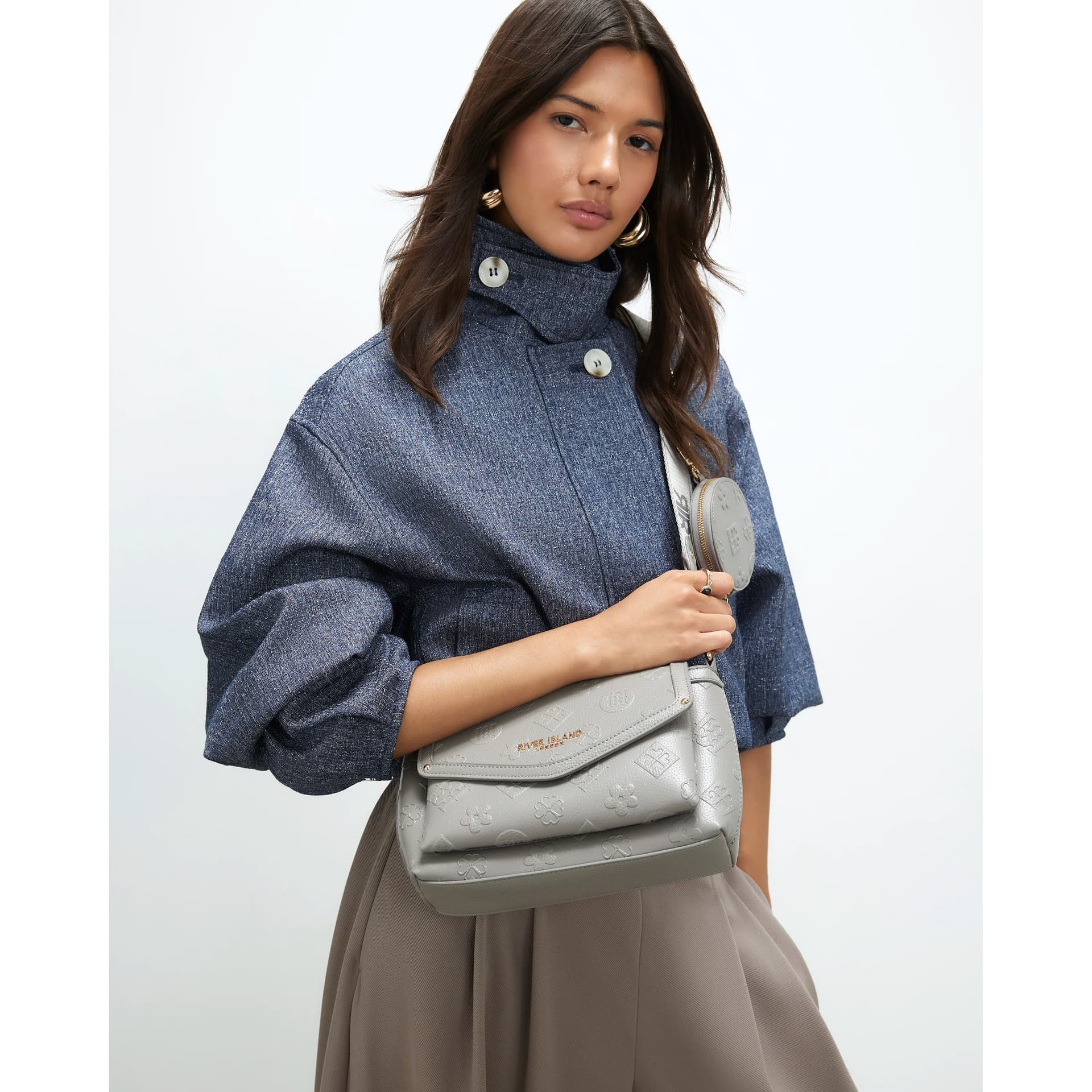 River Island River Island Womens Grey Monogram Flap Front Compartment Bag