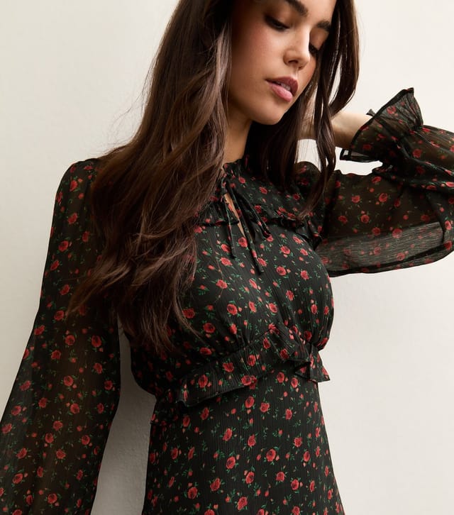 New Look Women's Black Rose Long Sleeve Frill High Neck Mini Dress New Look - 2