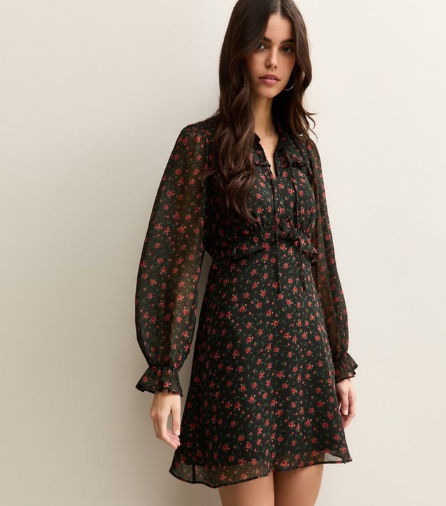 New Look Women's Black Rose Long Sleeve Frill High Neck Mini Dress New Look - 3