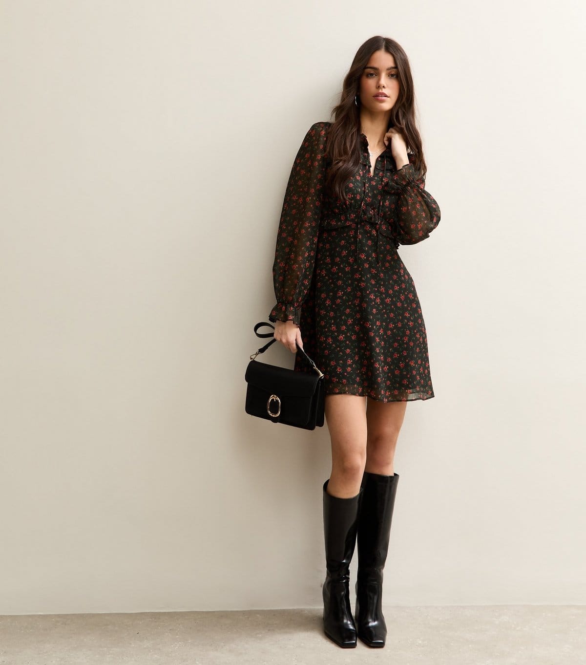 New Look Women's Black Rose Long Sleeve Frill High Neck Mini Dress New Look - 4