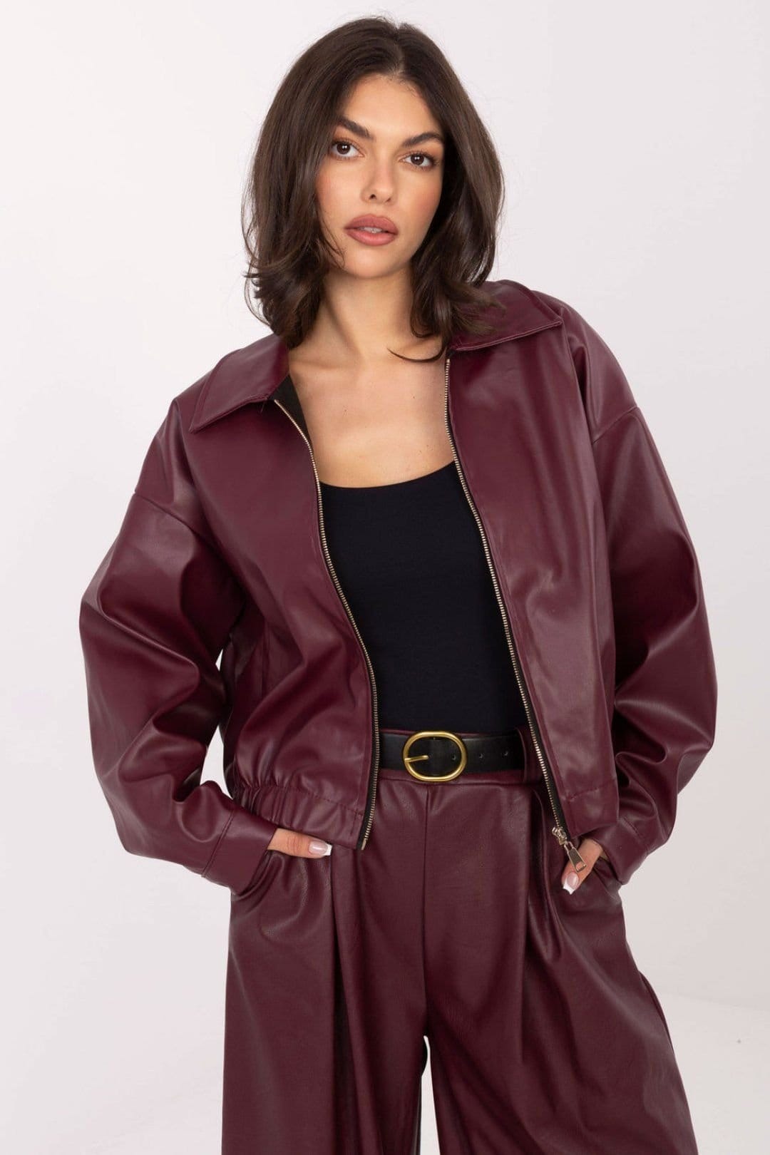 Love Lace Burgundy Leather Zip Jacket with Wide Collar