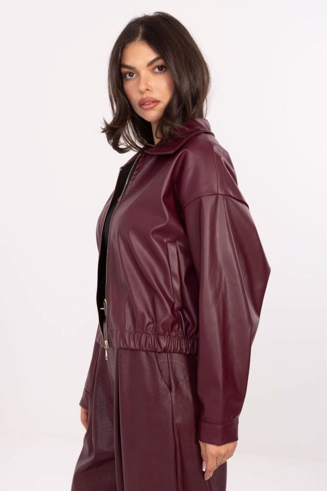Love Lace Love Lace Women's Short Casual Zip Jacket with Wide Collar in Burgundy - 2