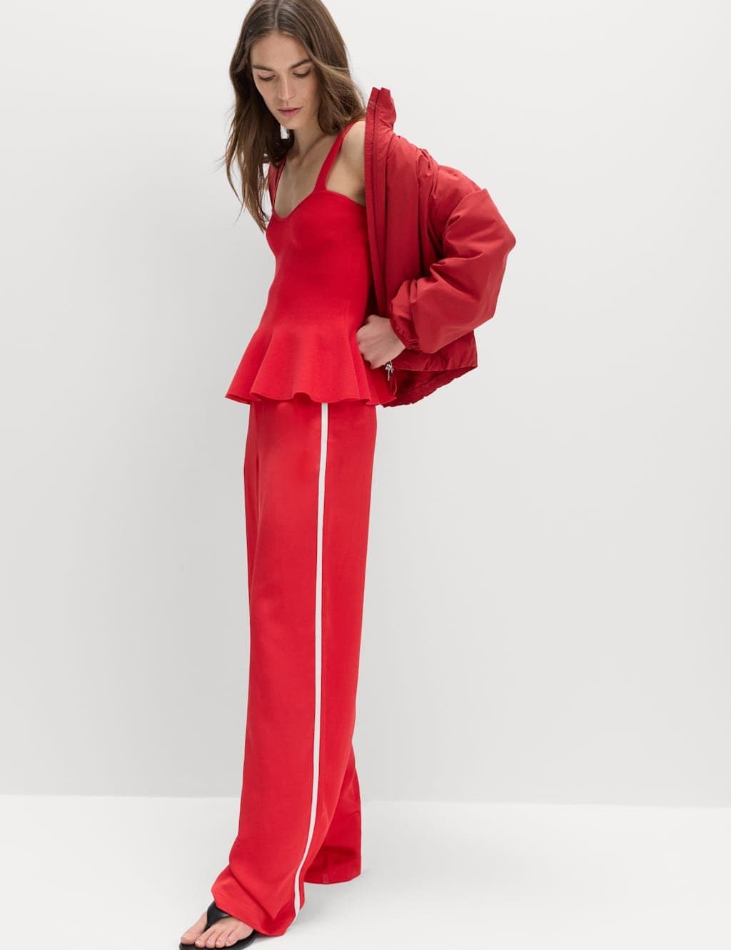 Marks & Spencer M&S Side Stripe Wide Leg Trousers in Red Mix