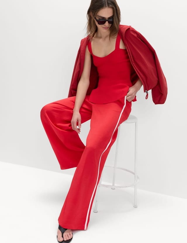 Marks & Spencer M&S Side Stripe Wide Leg Trousers with Linen Red Mix - 2